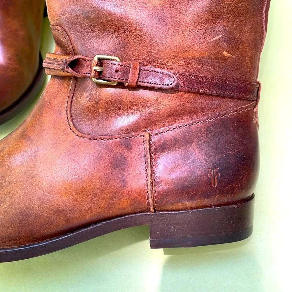 New orange brown Frye grunge leather riding boots